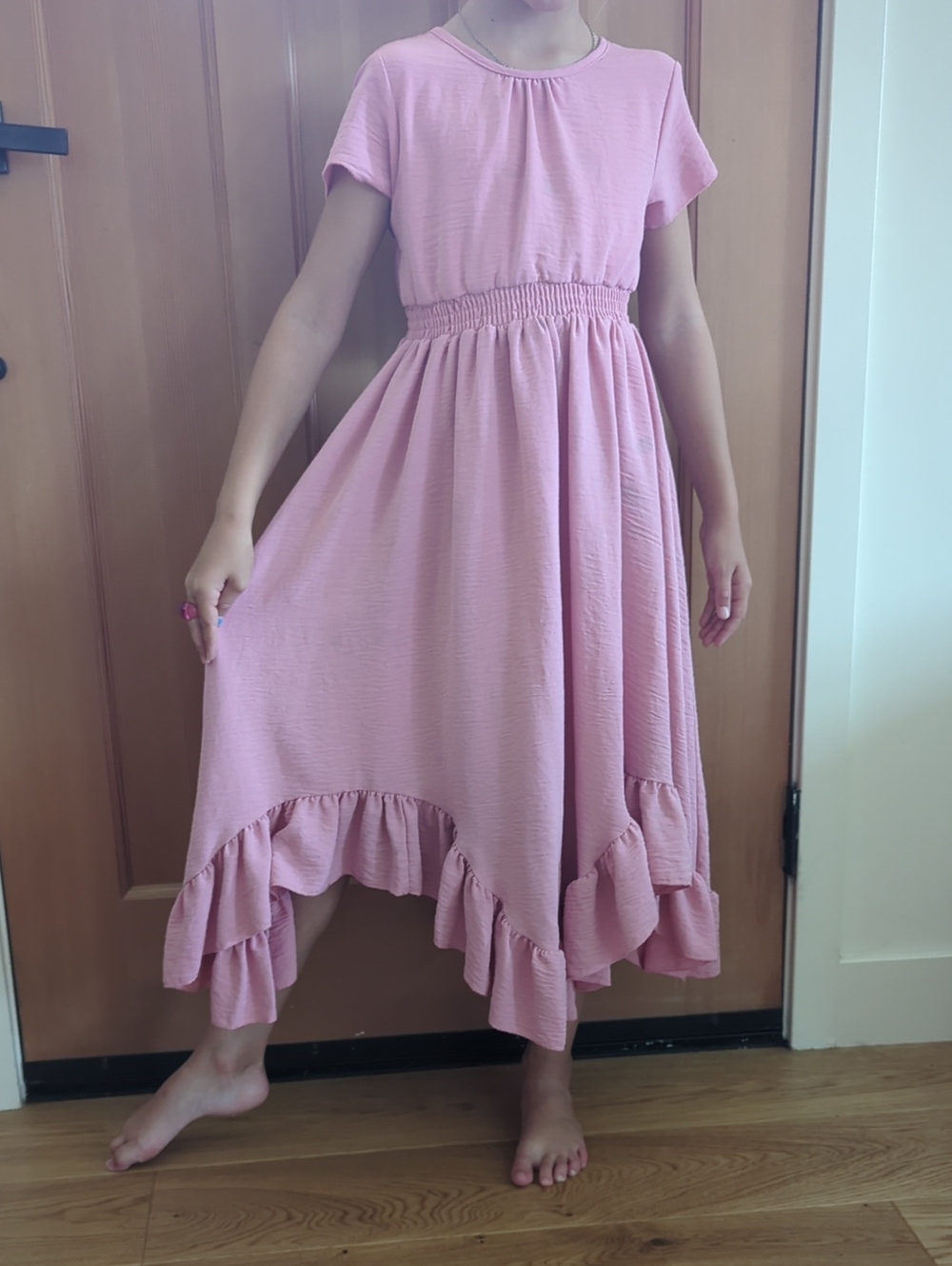 Soft Pink Ruffle Hem Midi Dress